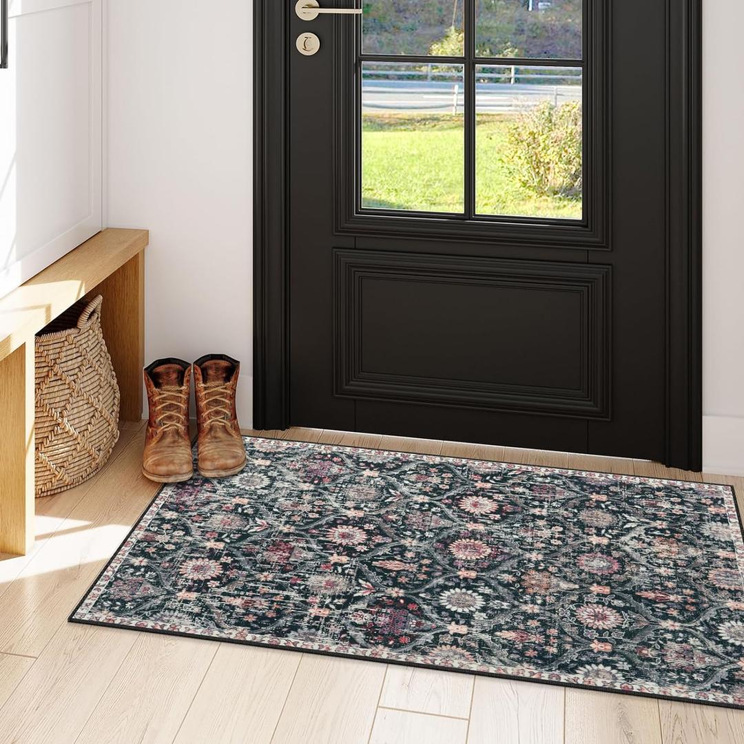 Lahome Kitchen Rugs Non Slip Washable Rugs for Entryway, 2x4 Rug Non-Slip Moroccan Trellis Ultra-Thin Indoor Door Mat Small Carpet for Bathroom Bedroom Entry Elise, Black/Multi (Charcoal Black/Blush)