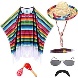 Mexican Party Costume Set Include Mexican Serape Poncho Sombrero Sunglasses Mustache