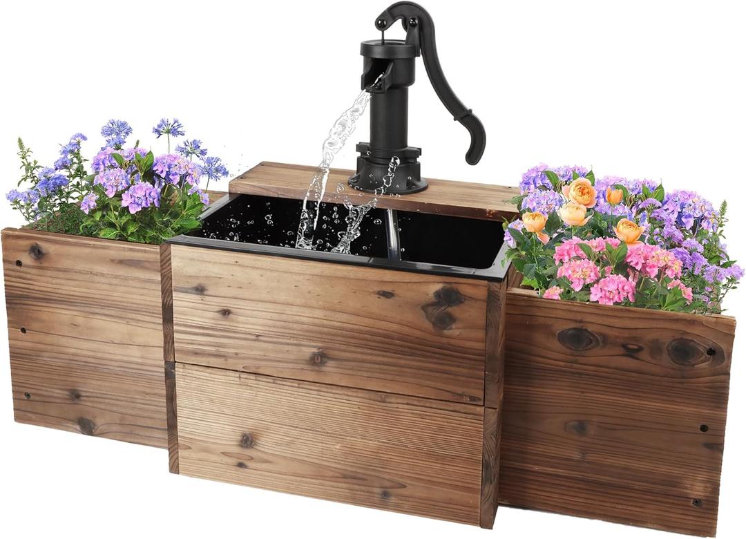 OIPRTGFJ Outdoor Water Fountain,Floor Wooden Rectangular Pump Old-Fashioned Fountain with Flower Box,Electric Decorative Hand Pump, Outdoor Water Feature for Garden Patio Backyard