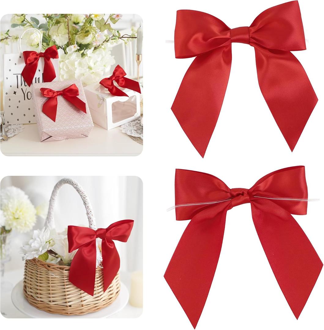 AIMUDI Red Satin Bows 5.5" Bow for Gift Wrapping Satin Twist Tie Bows Premade Ribbon Bow for Treat Bags Invitations Baskets Wreaths Crafts Wedding Birthday Party Mother's Day Decorations, 24 PCs