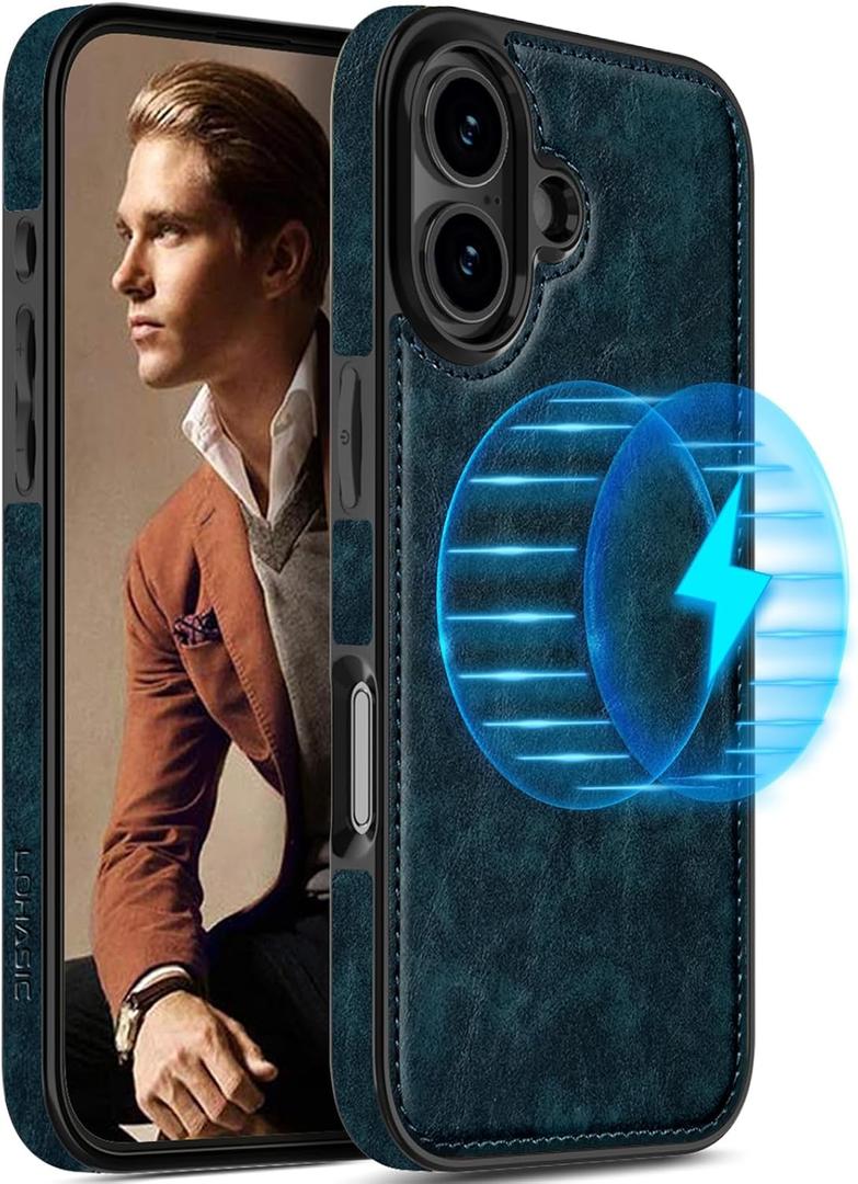 LOHASIC Compatible with MagSafe for iPhone 16 Case, Vintage Leather Slim Business PU Cover Non-Slip Grip Shockproof Bumper Full Body Protective Men Women Phone Case for iPhone 16 5G 6.1" (2024) - Blue