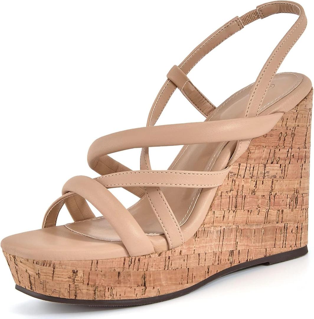 Coutgo Women Platform Wedge Sandals Cork Slingback Wedges Espadrilles Heels Summer Shoes (6, Khaki)