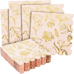 Sparkle and Bash 50-Pack Pink Paper Napkins with Gold Foil, Floral Design & Scalloped Edges for Wedding, Baby Showers, & Bridal Showers, Disposable Cocktail Napkins for Serving Drinks (3-Ply, 5x5 in)