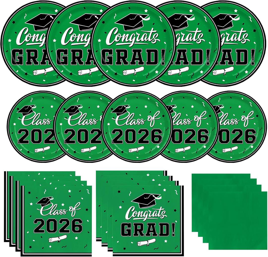 Graduation Party Plates and Napkins Gatherfun 2026 Graduation Party Supplies Green Disposable Paper Plates Luncheon Napkins Cocktail Napkins for Congrats Grad Party Decorations, Serve 50