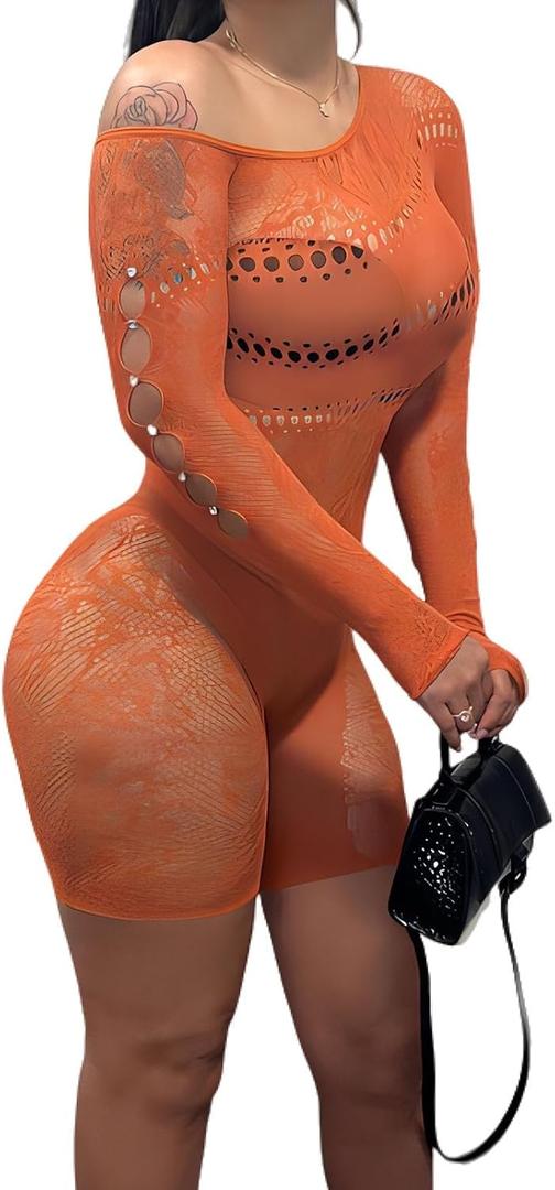 Women's Sexy See Through Long Sleeve Rhinestone Accent One Shoulder Cutout Mesh Lace Bodysuit Jumpsuit (Orange), One Size