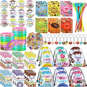Paterr 140 Pcs Donut Party Favors Doughnut Birthday Party Decorations Candy Donut Gift Supplies Goodie Bag Keychain Sticker Wristband Mini Notebook Gel Ink Pen Badge for Boy Girl Classroom Prize