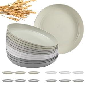 HEYCOME 12 Pcs Unbreakable Deep Dinner Plates Set, 10 inch Reusable Plastic Wheat Straw Plates, Microwave and Dishwasher Safe Plate for Kitchen, Lightweight Plate for Dessert, BPA Free, 4 Colors