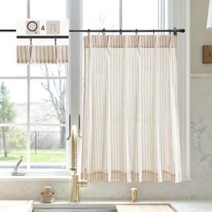 LIMON HOME Beige Striped Linen Kitchen Curtains 30" W x 24" L Pinch Pleat Cafe Curtains 1 Panels