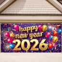 13x6Ft New Year Garage Door Banner 2026 - Gold "Happy New Year" Text with Colorful Balloons & Fireworks on Purple, Large Outdoor/Indoor Holiday Decor for New Year's Eve Party Backdrop