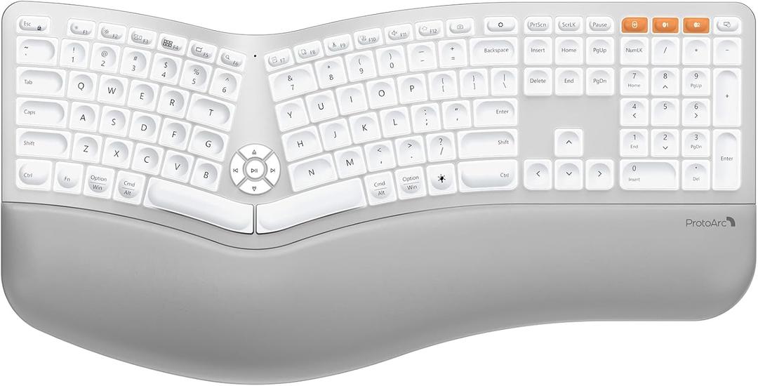 ProtoArc Backlit Bluetooth Ergonomic Keyboard, EK01 Plus Full Size Wireless Split Keyboard with Dual Bluetooth and USB, Cushioned Wrist Rest, Rechargeable, Compatible with Windows/Mac/Android, White