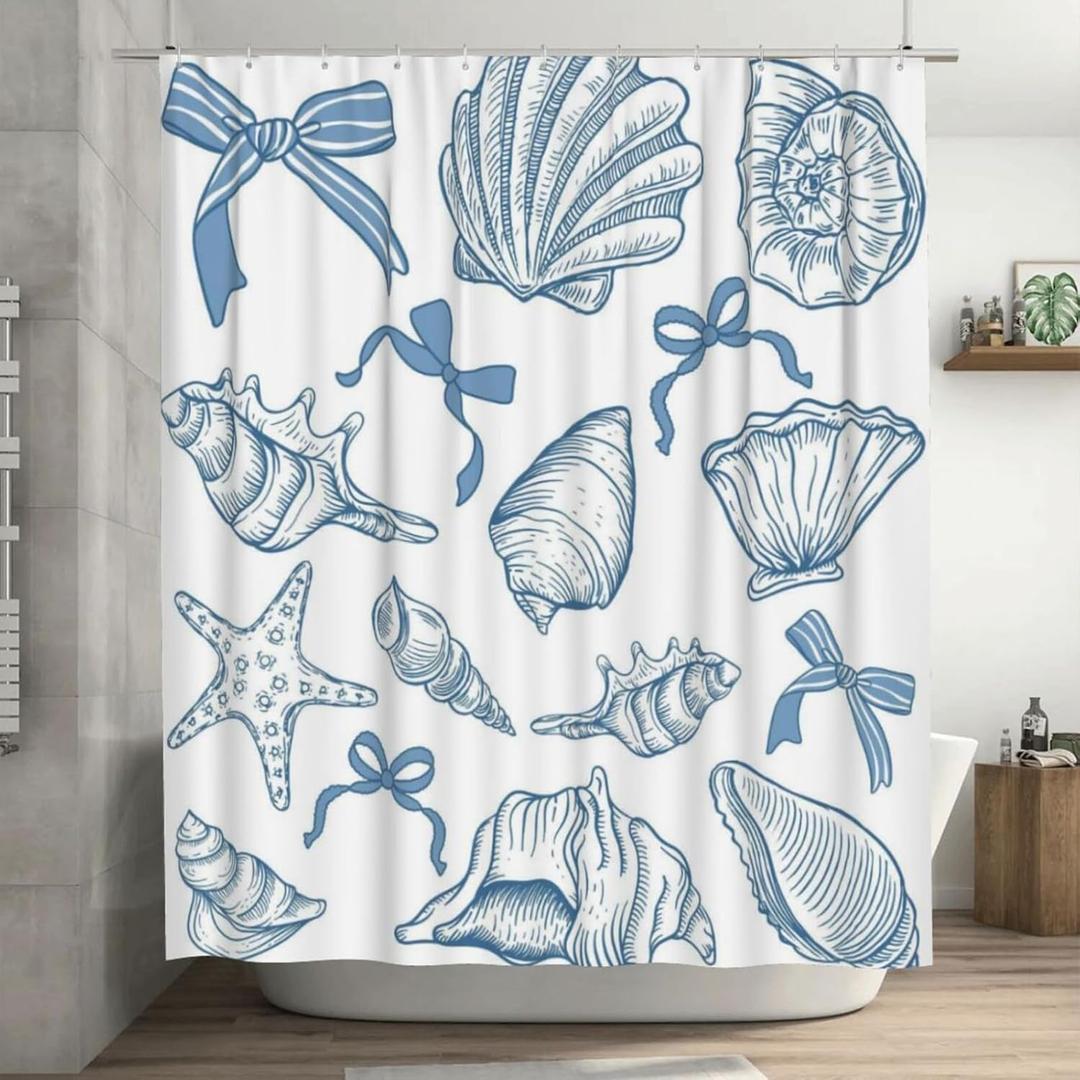 Blue Cute Beach Shower Curtain, Blue Ocean Beach Seashell Starfish Themed Bathroom Waterproof Fabric Coastal Summer Girly Shower Curtain Set with Hooks for Bathroom Decor 72x72 Inch