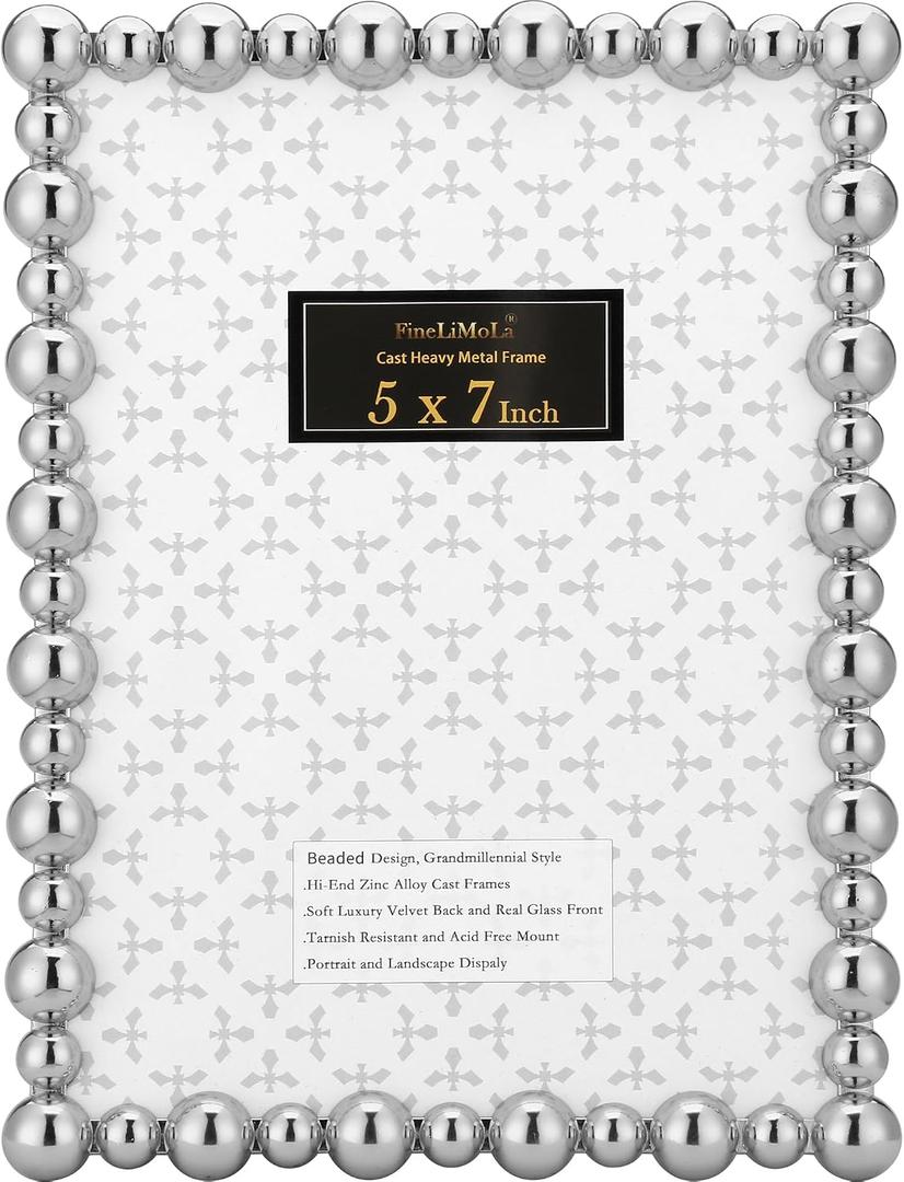 5x7 Silver Beaded Picture Frame,Cast Metal Real Glass,Velvet Back