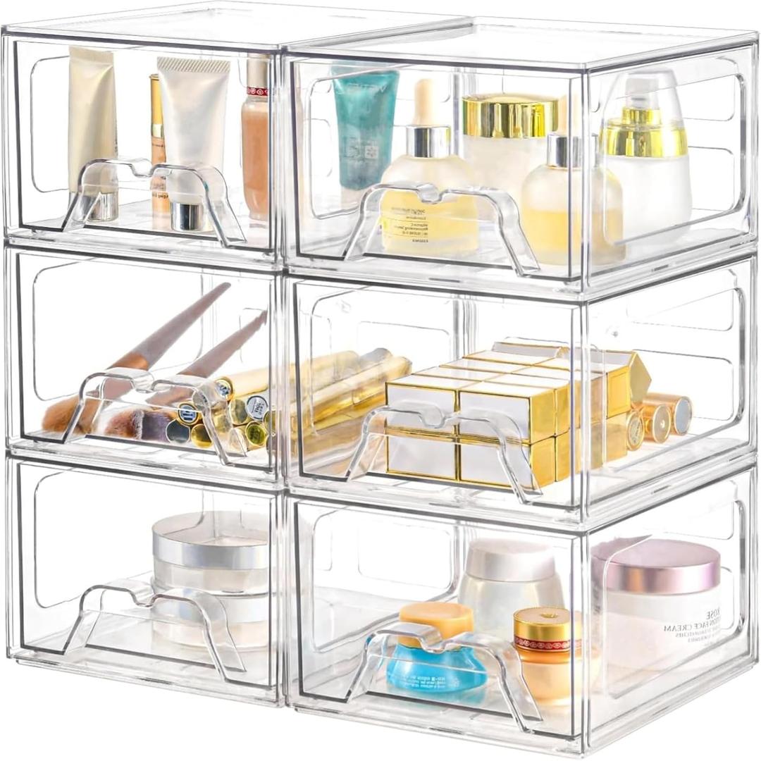 Plastic Drawers Storage, 6 Pack Clear Stackable Storage Drawers, Acrylic Storage Bins with Drawers for Fridge Organizers, Small PlasticDrawers Stackable for Makeup Organizers, Cosmetic Display