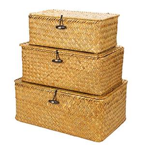 Yesland Shelf Baskets with Lid Set of 3, Handwoven Seagrass Storage Bins Box Rectangular Seagrass Basket Storage Organizer Wicker Basket for Shelf