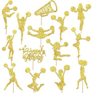 Cheerleading Centerpiece Sticks 18Pcs Cheerleading Themed Party Decorations Glitter Gold Cheerleader Birthday Table Toppers for Cheer Team Gymnastics Birthday Party Supplies