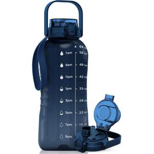 AQUAFIT 64 oz Water Bottle with Time Marker - 2in1 Straw & Chug Lid - BPA Free Big Water Bottle with Straw - Gym Water Bottle with Strap - Water Jug (64 Ounces, Nebula)