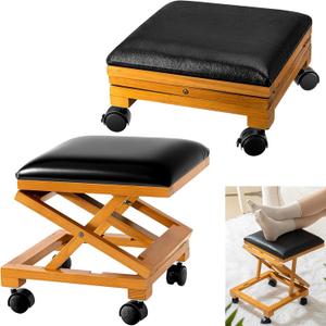 CroBlissful 2 Pack Rolling Adjustable Foot Rest Foldable Under Desk Ottoman with Wheels Leather Foldaway Guitar Foot Stool for Home Office Living Room Bedroom