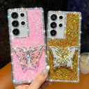 Cute Compatible with Samsung Galaxy S23 Ultra 6.8 inch Girly Case, Bling Glitter Diamond Butterfly Kickstand Case, Soft Silicone Cases for Women(Gold)