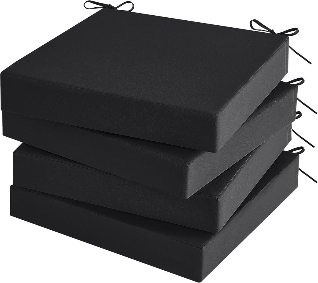 Outdoor Chair Cushions Set of 4 for Outdoor Patio Furniture, Waterproof Patio Seat Cushions with Handle & Ties, 3 Year Color Fastness Square Garden Sofa Couch Pads, 19" x 19" x 3", Black