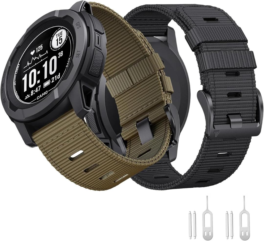 for Garmin Instinct Watch Band, Rugged Nylon Replacement Strap for Instinct 2 Instinct 3 45mm, Compatible with Garmin Instinct Solar, Tactical, Tide Esports, Sport Outdoor Work Use Replacement Band (2 Pack Black+Khaki (Black Buckle))