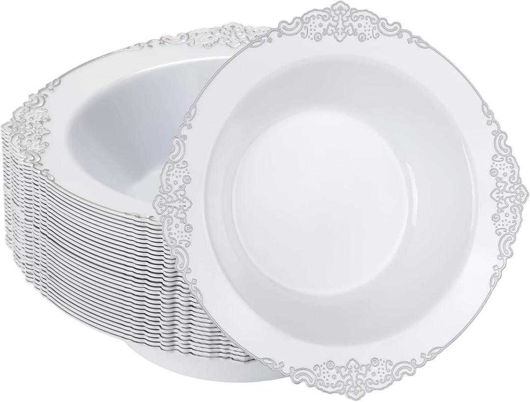 Bestluck 50 Pack White Plastic Bowls with Silver Relief Rim, 12oz Plastic Salad Bowl, Disposable Bowls for Party, Dinners, Weddings, Christmas, Thanksgiving, Valentine's Day, Silver Relief