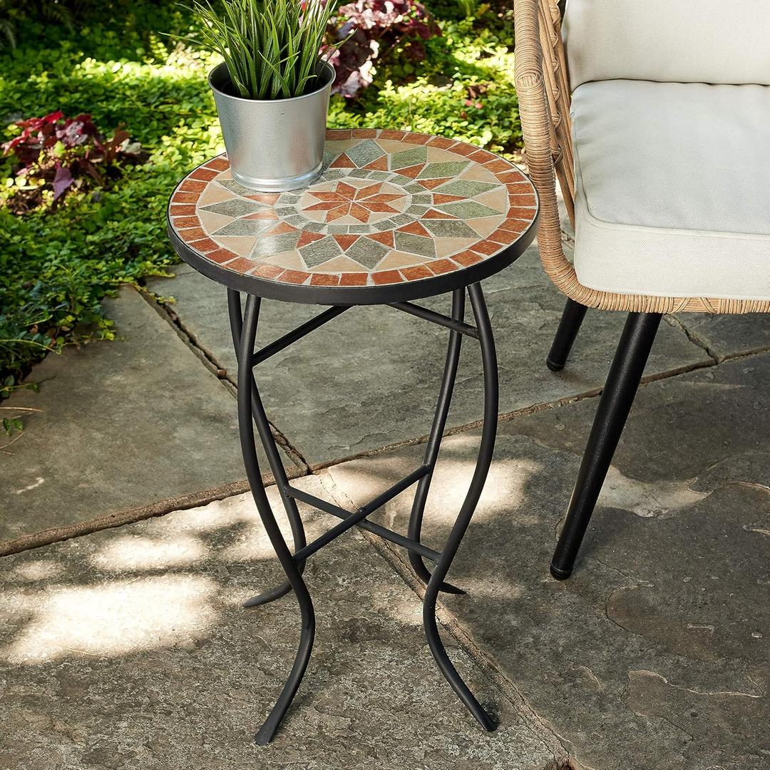 Quality Outdoor Living 29-KY04TN Accent Side Table - Small, Colorful Mosaic Design, Rust-Resistant Steel Frame, Tan