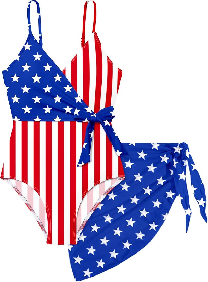 Girls Swimsuit One Piece Bathing Suit Tropical Floral with Adjustable Straps Girls' Swimwear with Cover Up 9-16T (11-12 Years, Blue+ red)