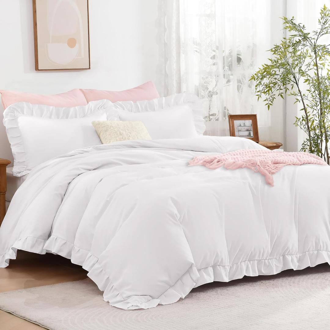 Andency White Ruffle Duvet Cover Queen(90x90Inch), 3 Pieces Soft Washed Microfiber Vintage Shabby Chic Farmhouse Ruffled Duvet Cover Set with Zipper Closure & Corner Ties