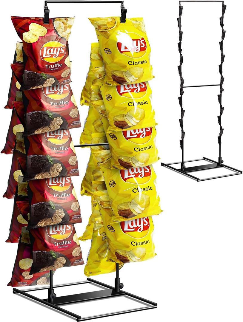 Chip Rack Display Stand, Potato Chip Display Rack with 24 Clips, 2 Row Chip Bag Holder for for Party Display, Snack Retail Display Rack Chip Stand Display for Countertop Store, Black