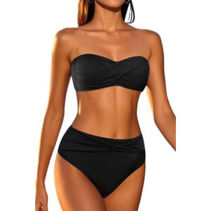 Tempt Me Women Bandeau Bikini Set Twist Strapless Two Piece Swimsuit High Cut High Waisted Bathing Suits (Large, Black)