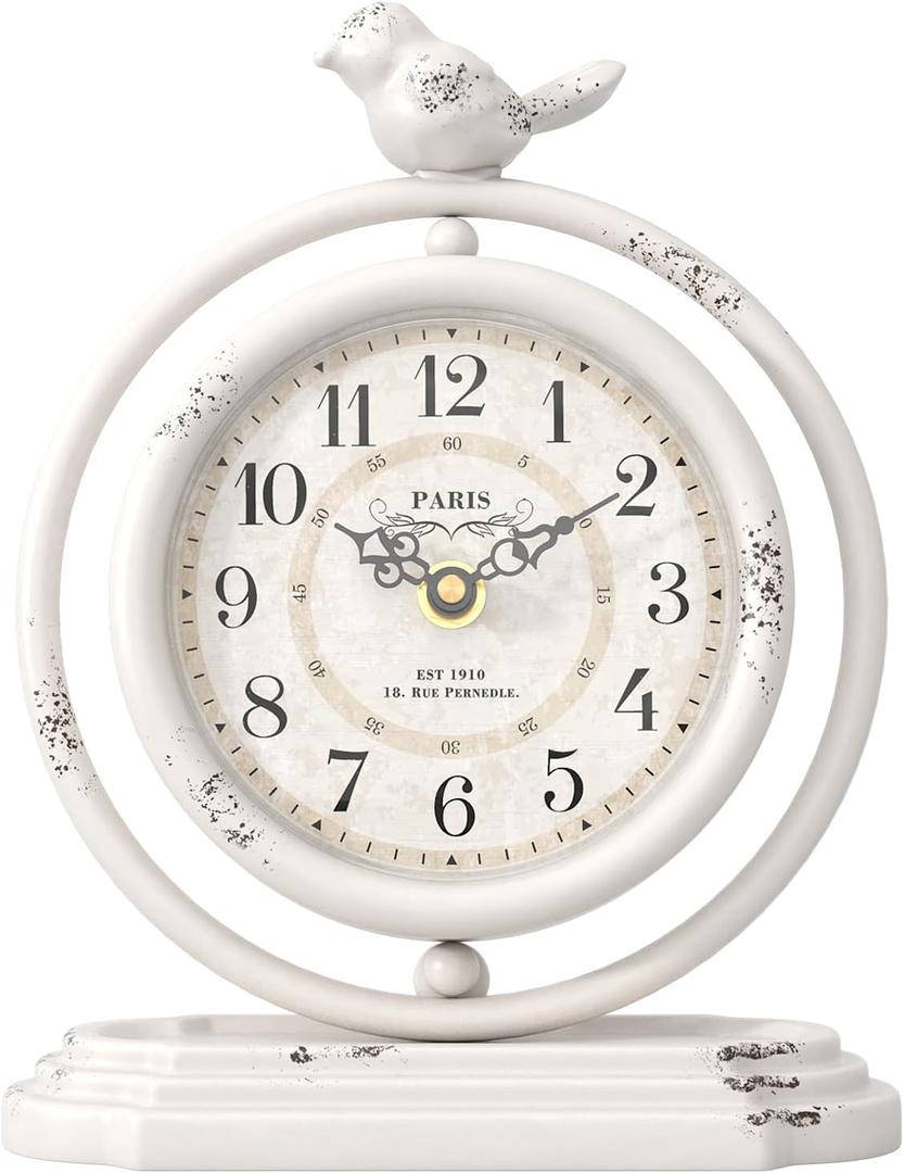 White Vintage Table Clock with Bird, European Retro Style Mantel Clocks, Desk and Shelf Decor Clock, for Living Room, Farmhouse, Bedside, Bedroom, Gift (7.9" H x 6.3" W)