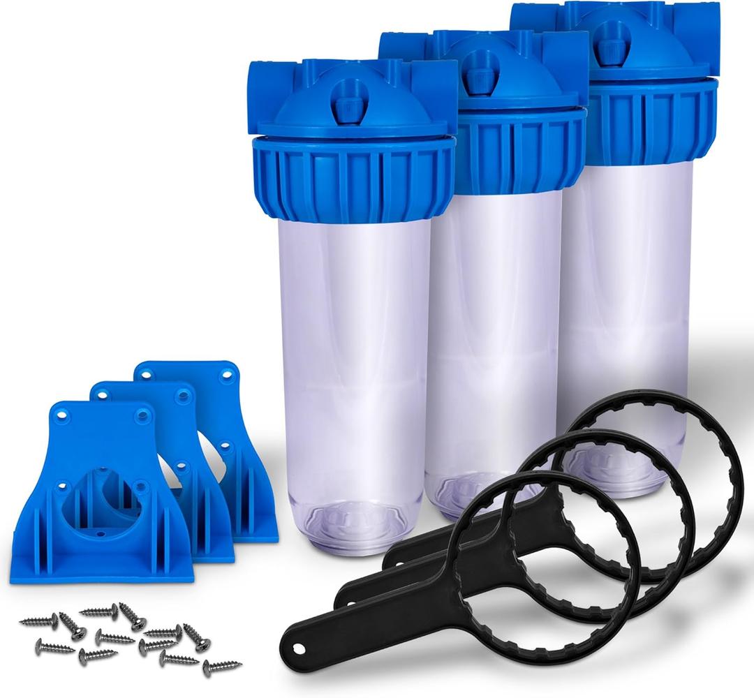 10 inch Transparent Standard Water Filter Housing, Presser Relief Button, 3/4 Inlet/Outlet Brass Port, Accepts Standard 10x 2.5 Cartridges, 3/4 Brass Port, Mounting Hardware Included (3 sets)