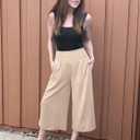 TARSE Womens Linen Palazzo Capri Pants Boho Summer Smocked High Waist Wide Leg Casual Loose Trousers with Pockets Flowy Pants (White, XXL)