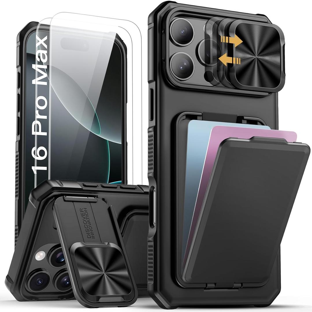 SSLOTSCASE for iPhone 16 Pro Max Case with 2X Screen Protector, Card Holder & Kickstand & Slide Camera Lens Cover, Silicone Edge Rugged Heavy Duty Phone Case Cover for iPhone 16 Pro Max 6.9'', Black