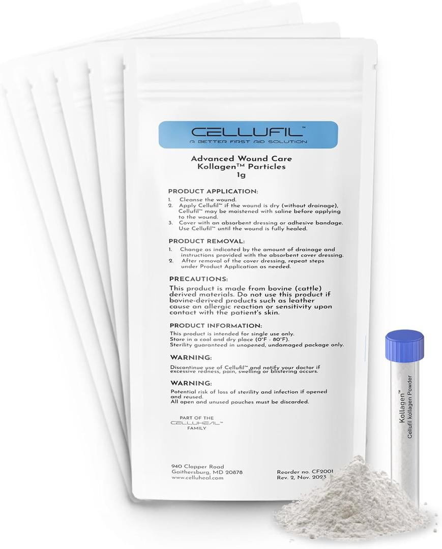 Cellufil Collagen Particles for Advanced Wound Care - Box of 5 Vials - 100% Non-Hydrolyzed Bovine Collagen for Tissue Regeneration, First Aid & Minor Bleeding