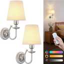 Wireless Wall Sconces Set of Two, 5300mAh Battery Operated Wall Sconce, Rechargeable Bulbs with Remote, 15 Colors Dimmable Wall Sconces with Fabric Shade for Bedroom Living Room (Brushed Silver)