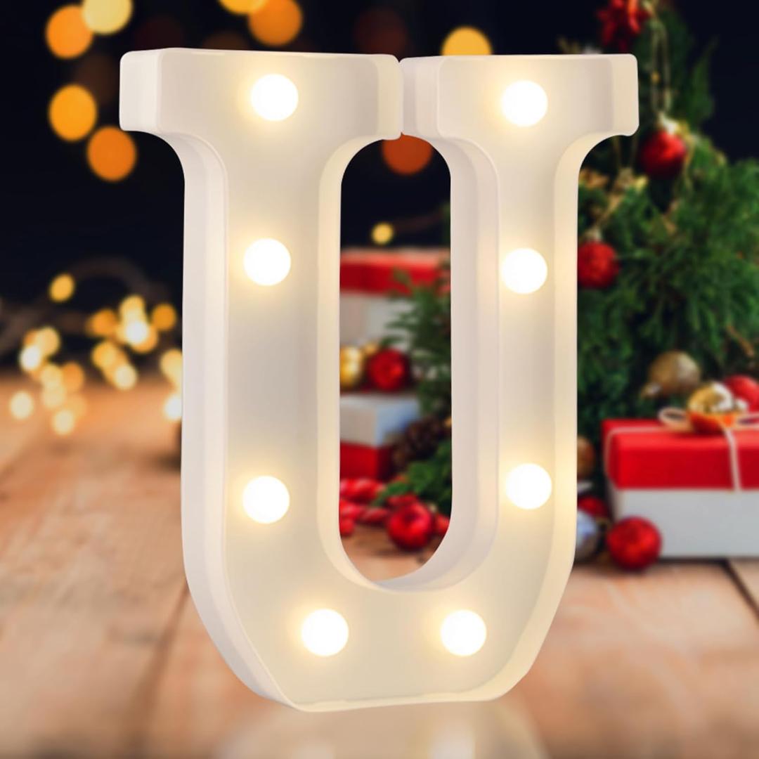 LED Marquee Letters, White 26 Alphabet Light Up Letters, Battery Powered LED Letter Lights for Birthday Party, Christmas Night, Home, Bar, Graduation, Wedding Decoration(U)