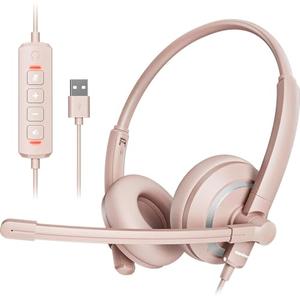 awatrue USB Headset with Microphone for PC - Lightweight & Comfortable Pink Computer Headset for Office, Call Center, Remote Work - Includes Carry Pouch (Clear Audio)