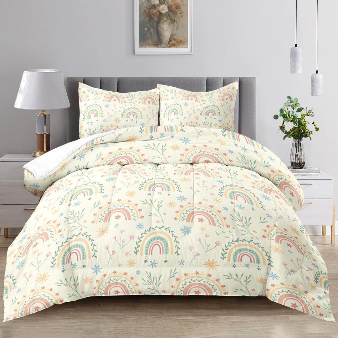 Raphus cucullatus Rainbow Queen Bedding for Girls - Pretty Floral Comforter Set with Flower Pattern