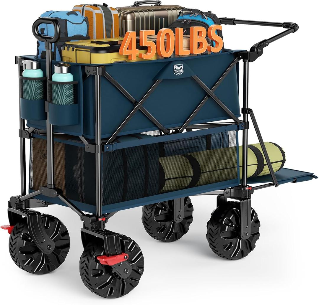 TIMBER RIDGE Push & Pull Double Decker Wagon, 400L Large Capacity Heavy Duty & 450lb Load, Collapsible Cart with All-Terrain Wheels & Brakes, 54 Extended Foldable for Sports, Beach, Camping, Blue