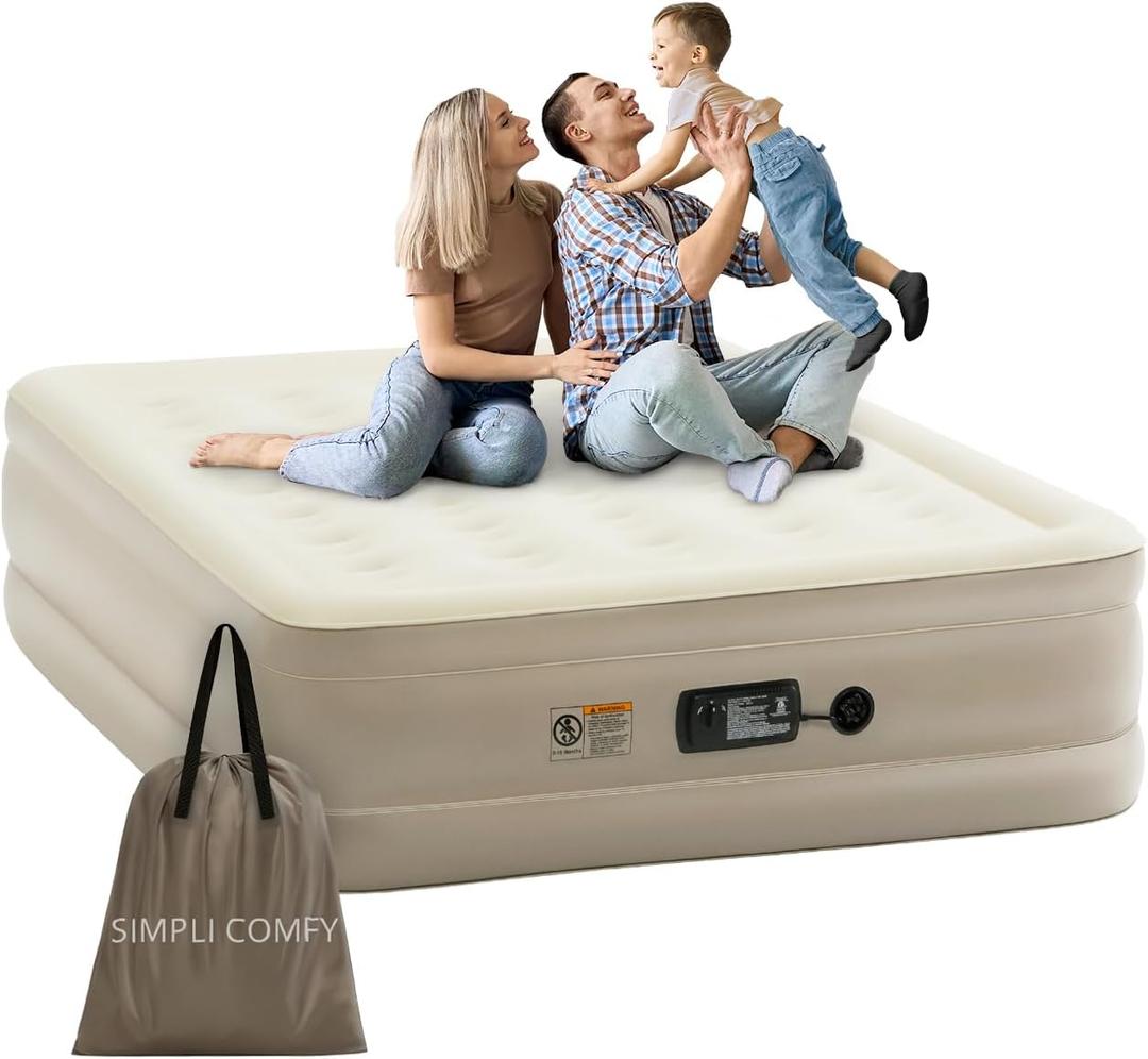 Simpli Comfy Inflatable 18 Queen Air Mattress with Built in Pump Self Inflating Blow Up Durable Heavy Duty Stay Firm Comfortable Air Bed Elevated for Home Guest Travel Relocate Camping
