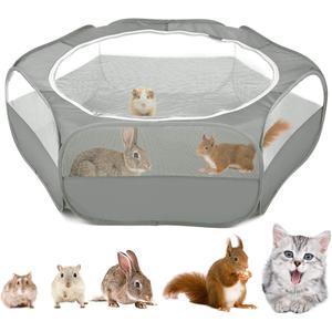 Small Animals Playpen, Waterproof Breathable Indoor Pet Cage Tent with Zipper Cover, Portable Outdoor Exercise Yard Fence for Kitten Hamster Bunny Squirrel Guinea Pig Hedgehog, Gray
