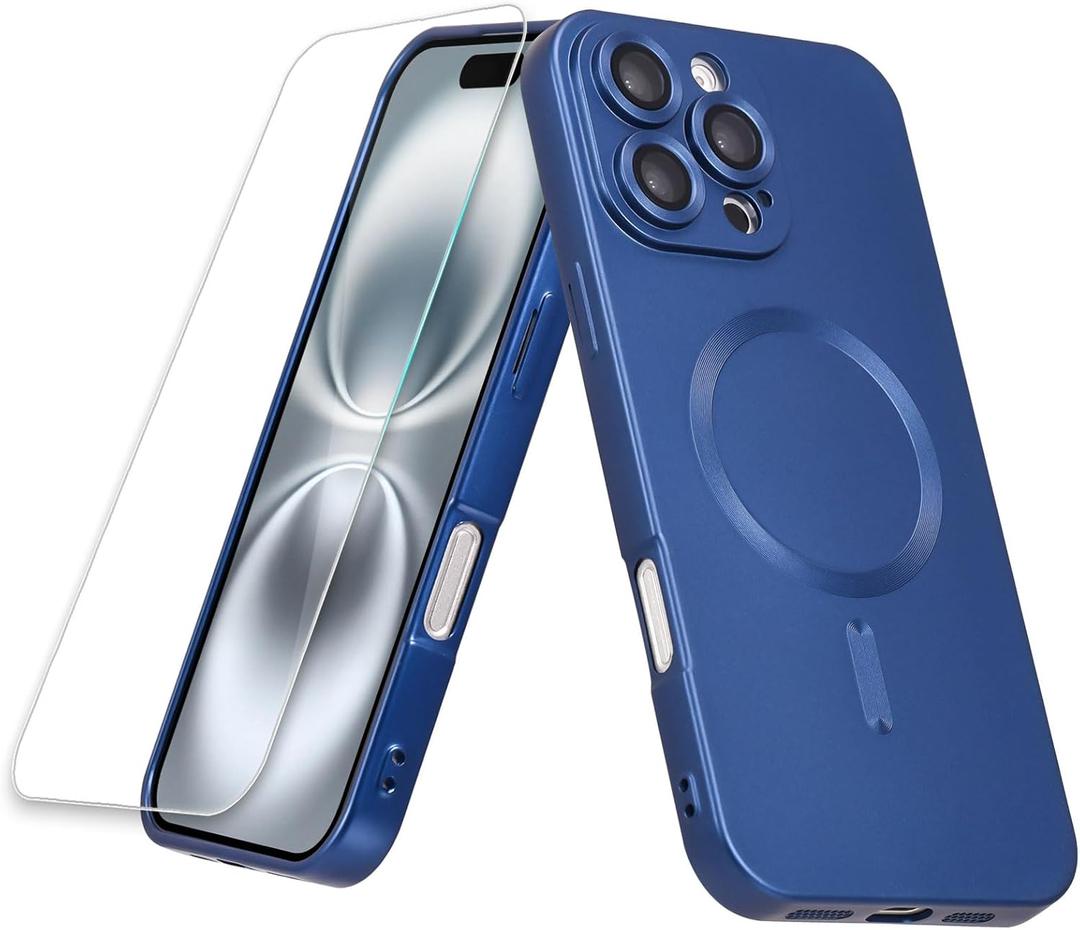 Magnetic for iPhone 16 Pro Case, with Screen Protector, Soft Silicone Slim Fit Full Acoverage Protective Phone Case Cover for iPhone 16 Pro, Compatible with MagSafe, Dark Blue
