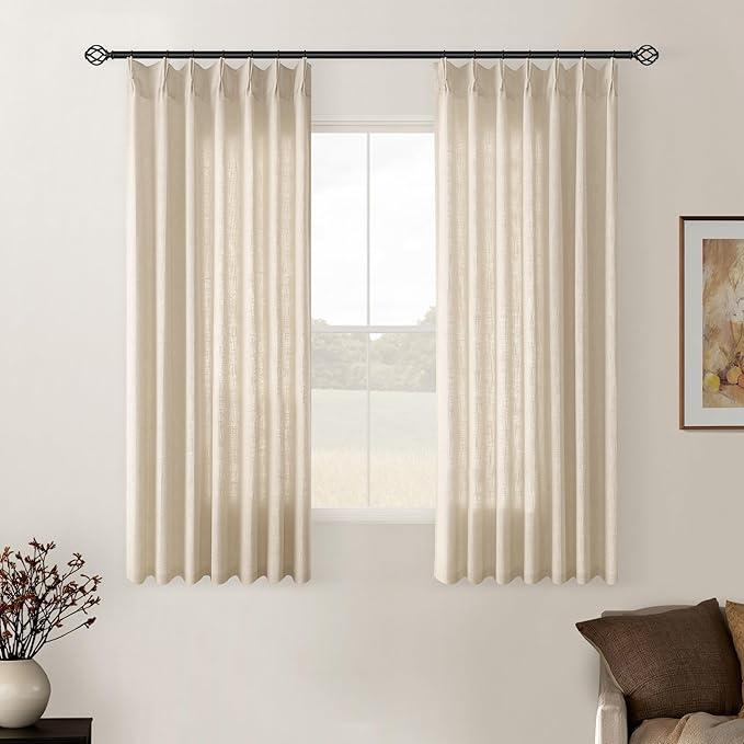 Natural Pinch Pleated Linen Curtains 2 Panels 63 Inch Length for Dining Living Room Memory Training Shaped Cream Birch Semi Sheer Short Pleat Drapes with Hooks Rings Bedroom Window Curtain 40x63
