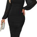 ZESICA Women's Sexy Ruched Bodycon Midi Dress Long Puff Sleeve Square Neck Backless Cocktail Party Wedding Dresses (Black), Small