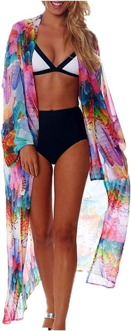 Wander Agio Womens Bikini Cover Ups Beach Casual Dress Coverup Swimsuits Long Cardigan Buttons Chiffon (Chiffon Colorful Feathers)