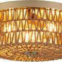 Rattan Ceiling Light, 3 Light Boho Light Fixture, Round Woven Flush Mount Ceiling Light for Entryway, Hallway, Bedroom, Kitchen