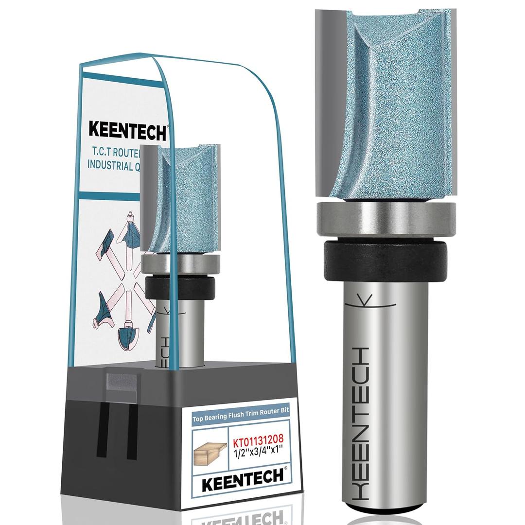 KEENTECH Router Bits 1/2" Shank, Flush Trim Router Bit, Top Bearing Carbide Tipped Pattern Bit, Template Straight Heavy Duty Woodworking Trimming Cutting Tool for Wood, 3/4" Diameter, 1" Depth