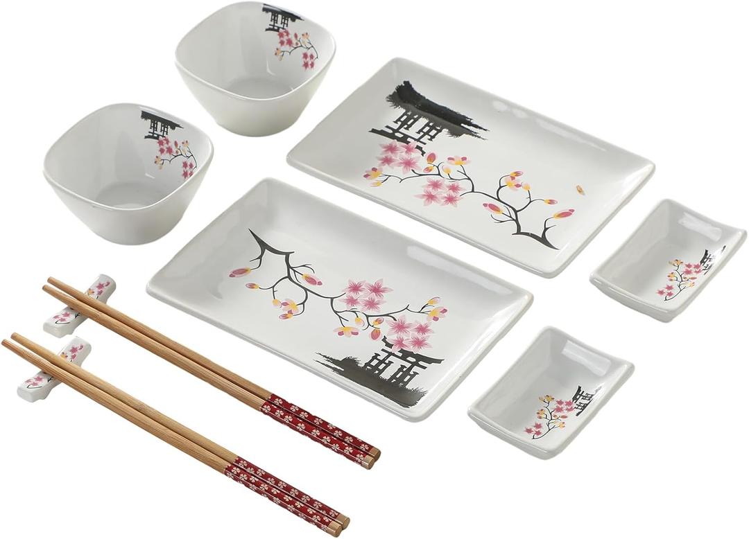 10 pcs Japanese Sushi Plate Sets Serving Platters and Trays for Entertaining Sushi Dishes Set Plates Sushi Plates Traditional Cuisine Dinnerware Sets with Chopsticks Pink Sakura