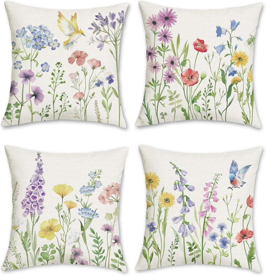 Bonhause Spring Floral Throw Pillow Covers 18 x 18 Inch Garden Flowers Birds Decorative Pillows Polyester Linen Outdoor Cushion Cases for Couch Sofa Bed Home Decor Set of 4